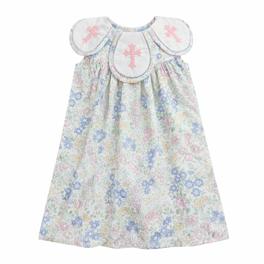 Blue Floral Dress with Embroidered Cross Petal Collar