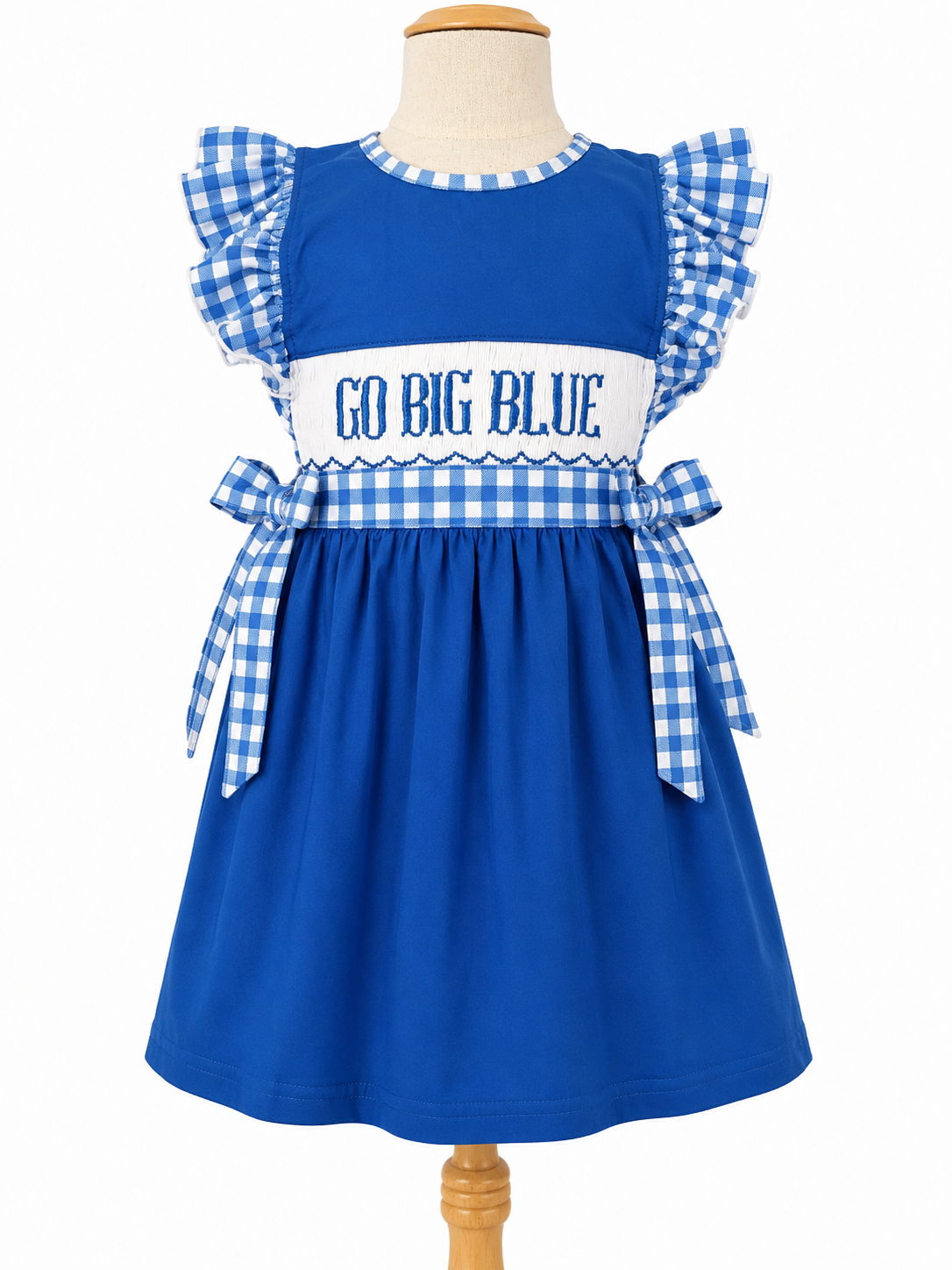 Girls Hand Smocked Go Big Blue Gingham Game Day Dress