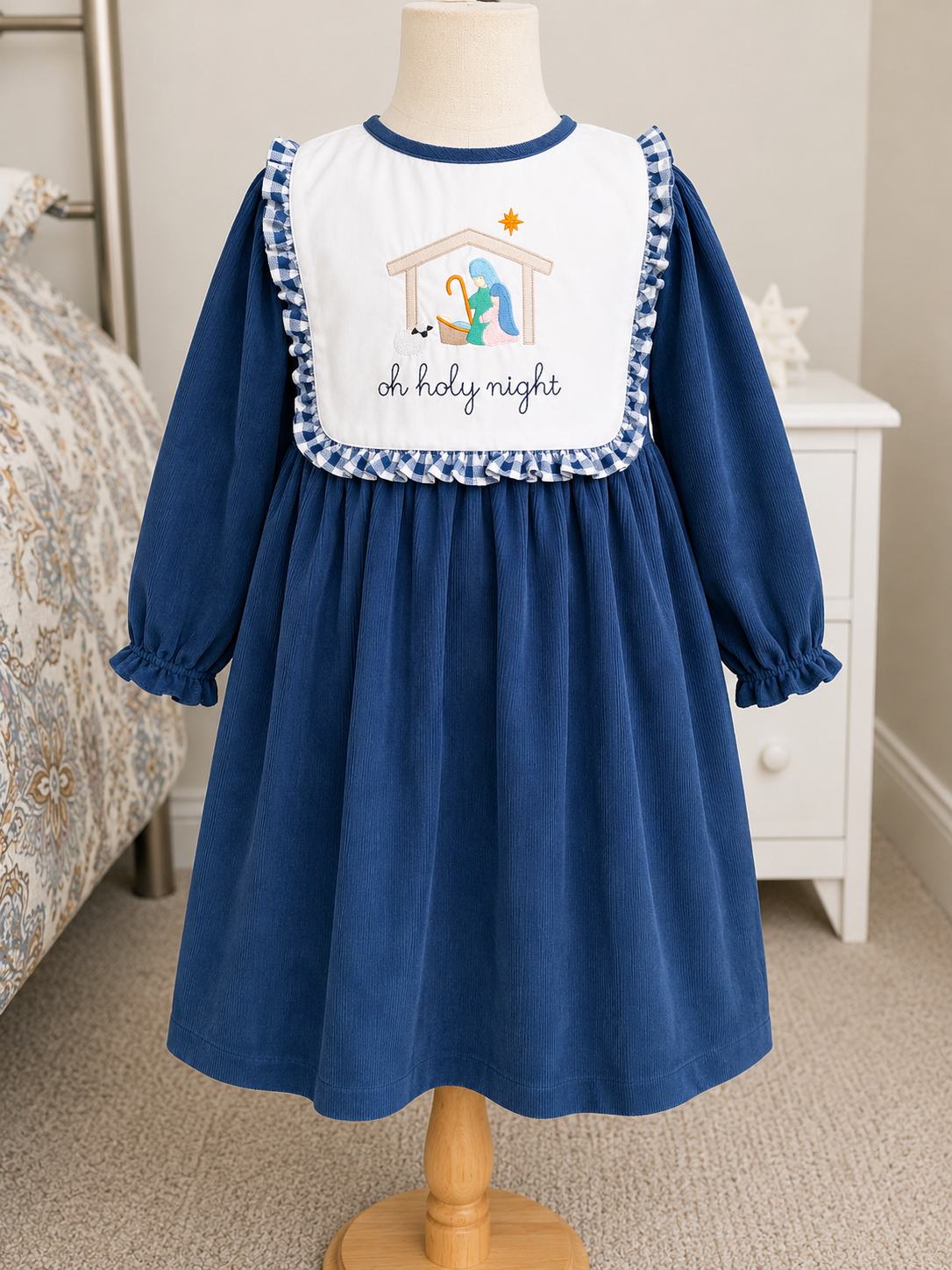 Girls O Holy Night Nativity Embroidered Navy Corduroy Christmas Dress