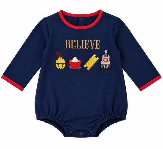 Boys Believe Christmas Train French Knot Bubble