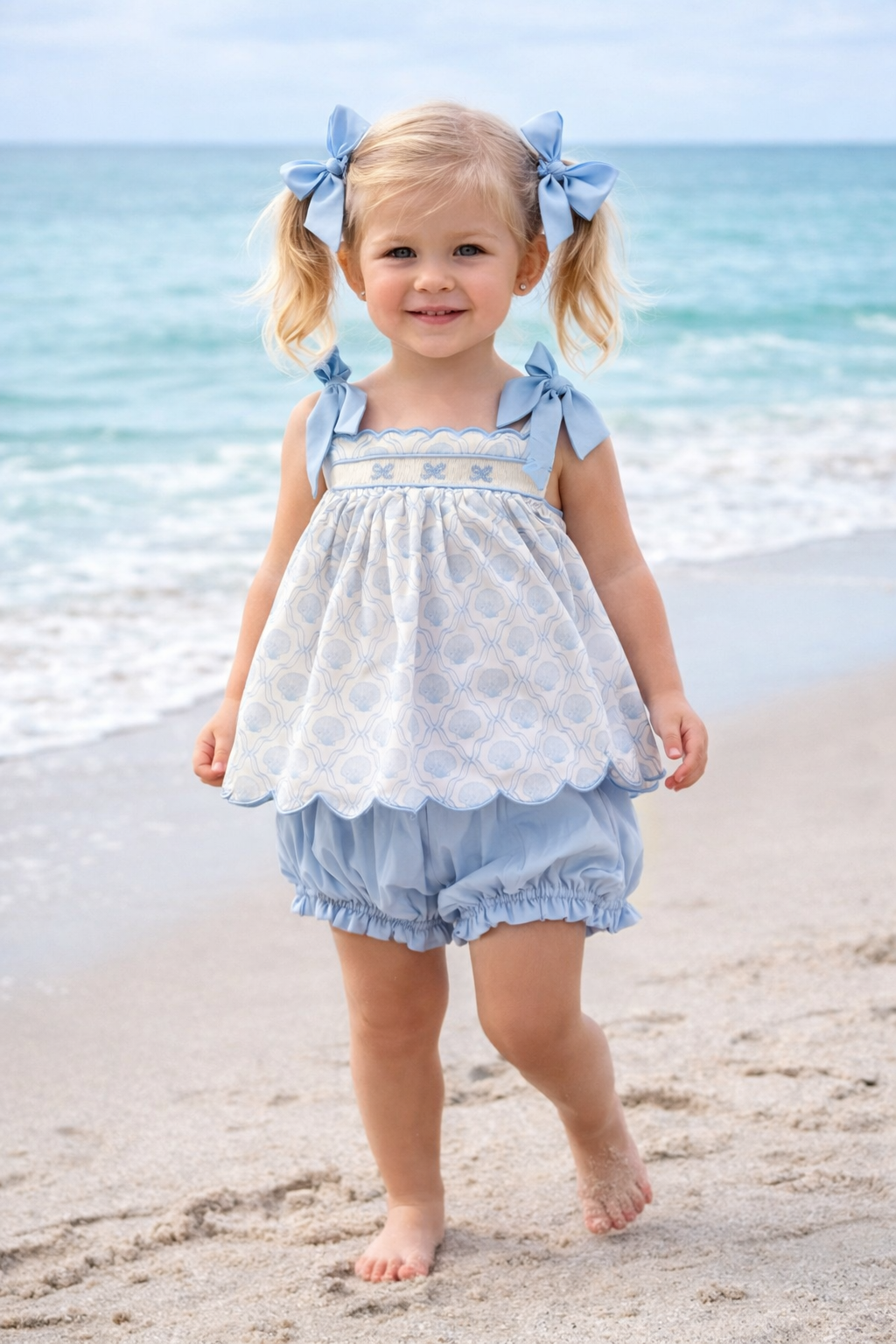 Hand Smocked Blue Seashell Bloomer Set – Beach Print Tie Shoulder Sunsuit