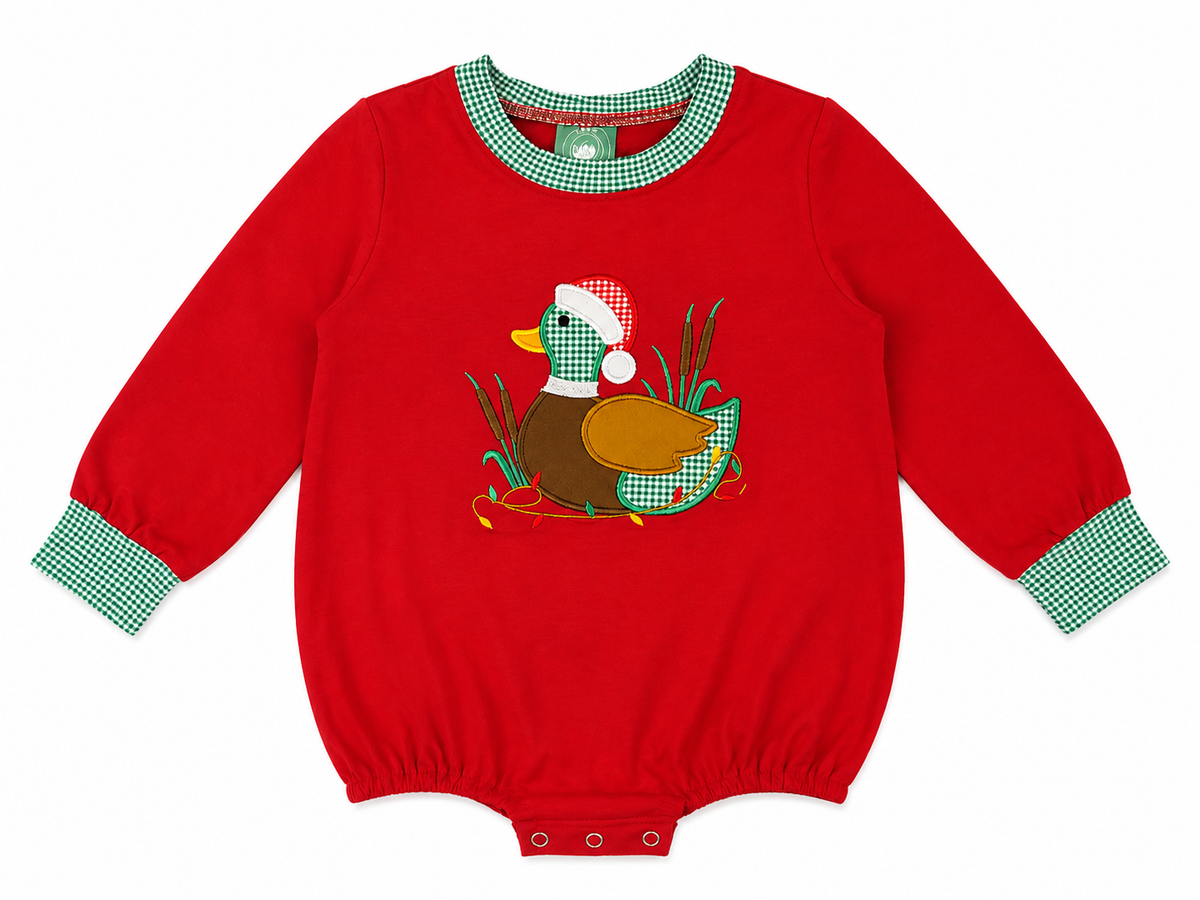 Boys Christmas Mallard Duck Appliqué Bubble | Green Gingham