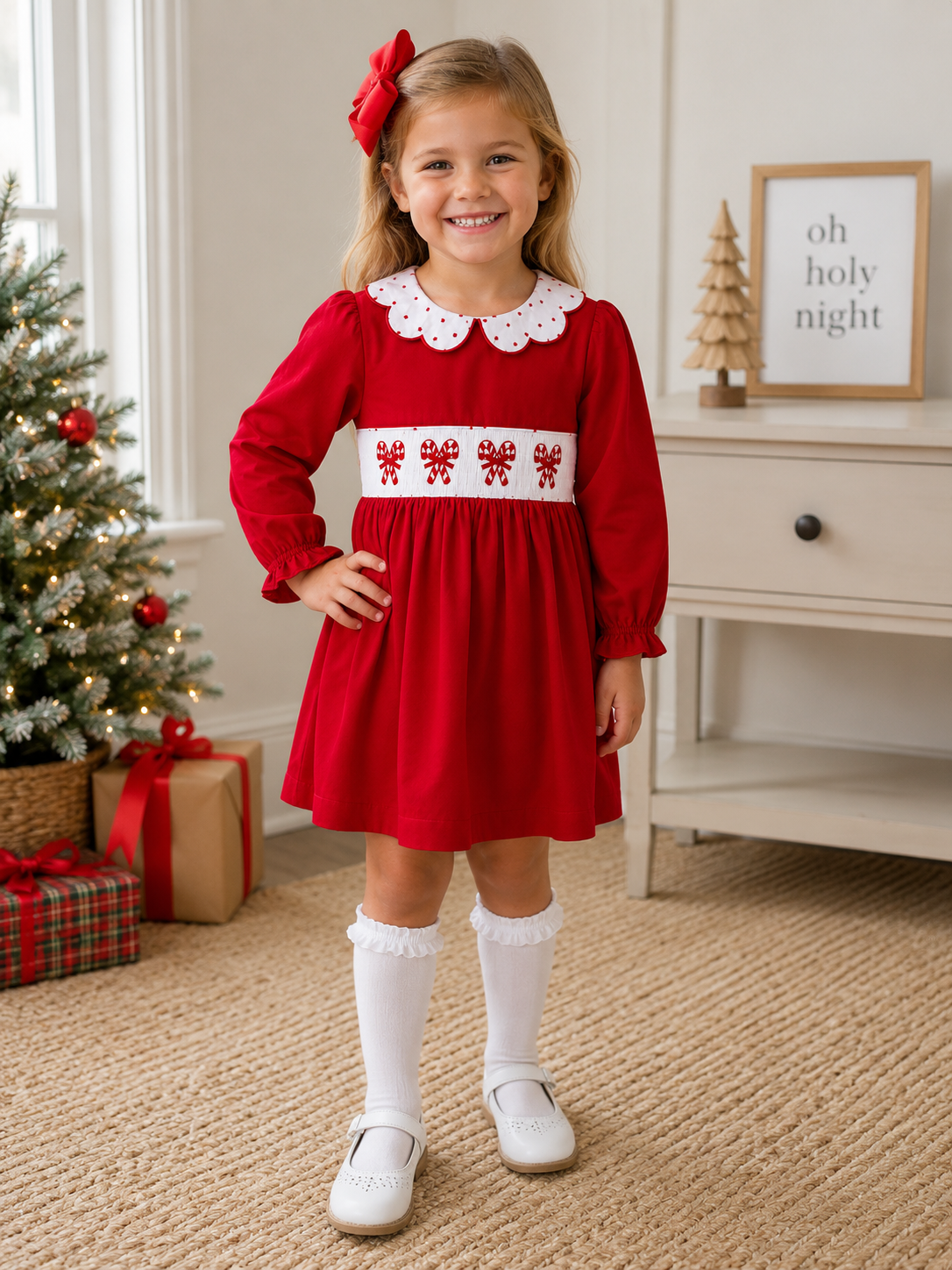Girls Hand-Smocked Candy Cane Bow Red Christmas Bloomer Set