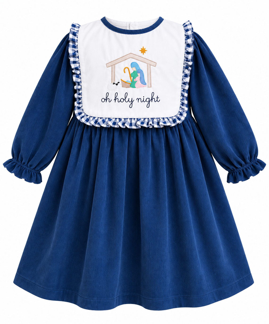 Girls navy blue Oh Holy Night nativity Christmas dress with gingham ruffle bib