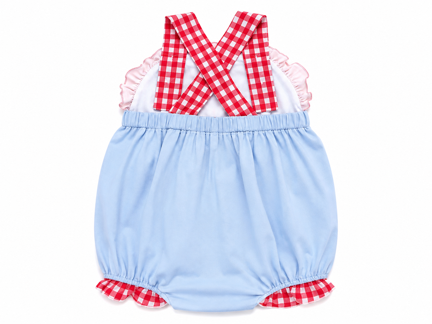 Girls Carnival Cutie Appliqué Bubble Romper – Blue & Red Gingham