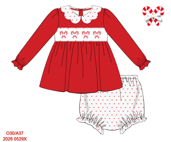 PREORDER-Girl’s hand-smocked Christmas candy cane bloomer set
