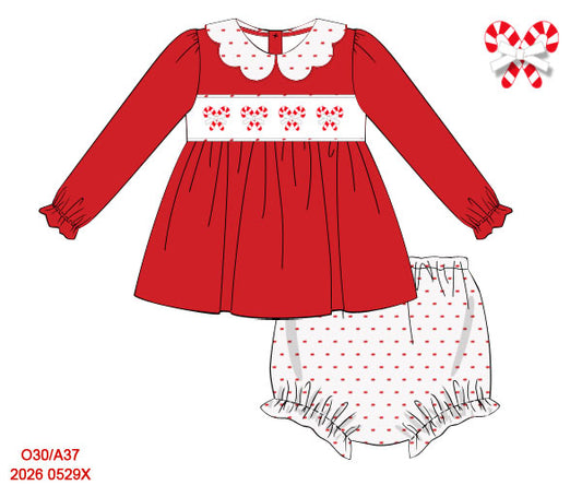 PREORDER-Girl’s hand-smocked Christmas candy cane bloomer set