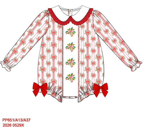 PREORDER-Girl’s hand-smocked Christmas holly leaf bubble