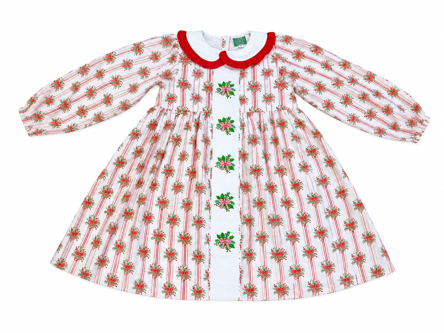PREORDER-Girl’s Christmas holly leaves hand-smocked dress