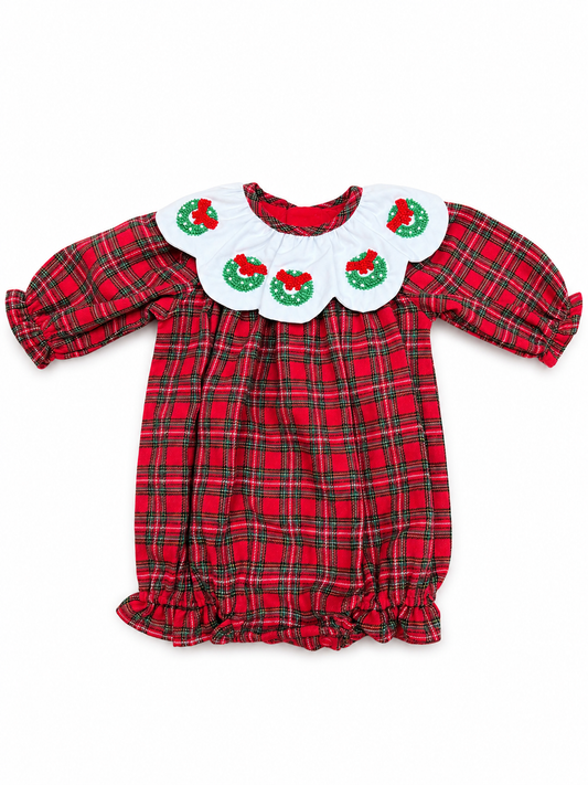 PREORDER-Girl’s Christmas Tartan Plaid long sleeve bubble with embroidered wreaths