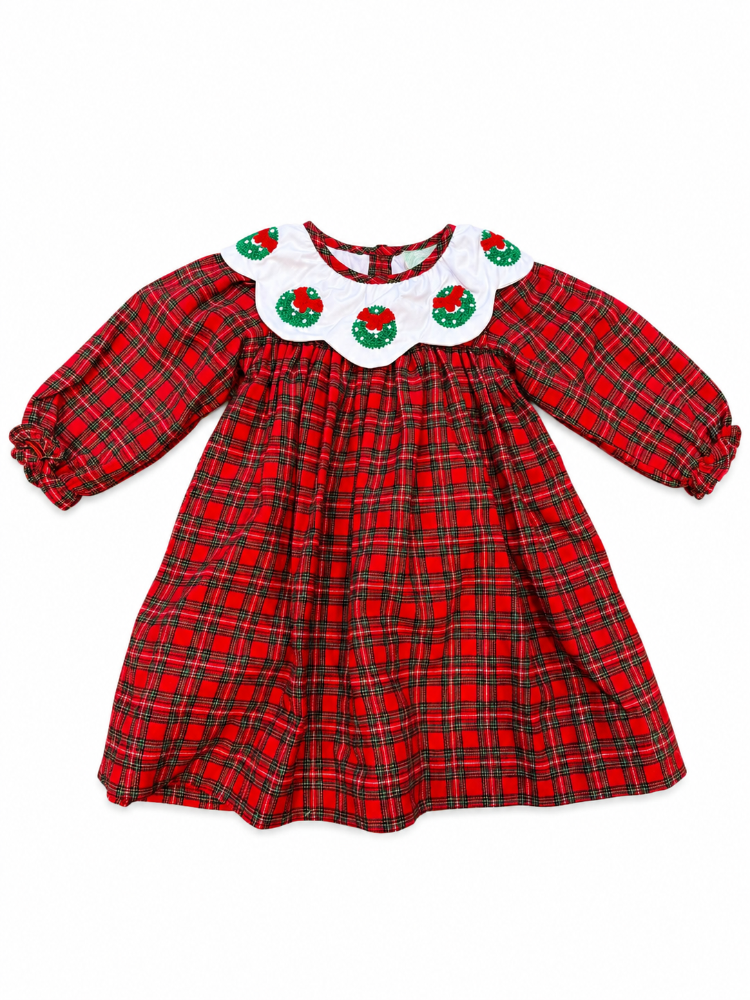 PREORDER-Girl’s Christmas tartan plaid dress with embroidered wreaths