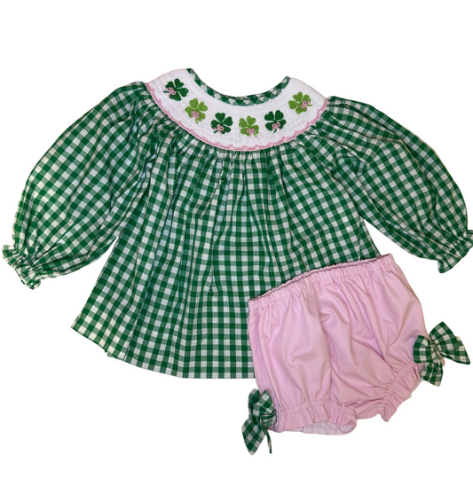 St. Patrick’s Girls Hand Smocked Clover Gingham Bloomer Set