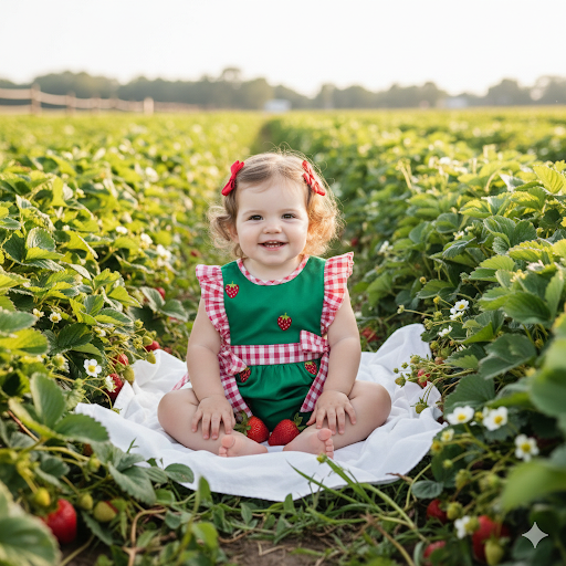 Strawberry Patch Embroidered Green Bubble with Red Gingham Ties