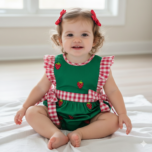 Strawberry Patch Embroidered Green Bubble with Red Gingham Ties