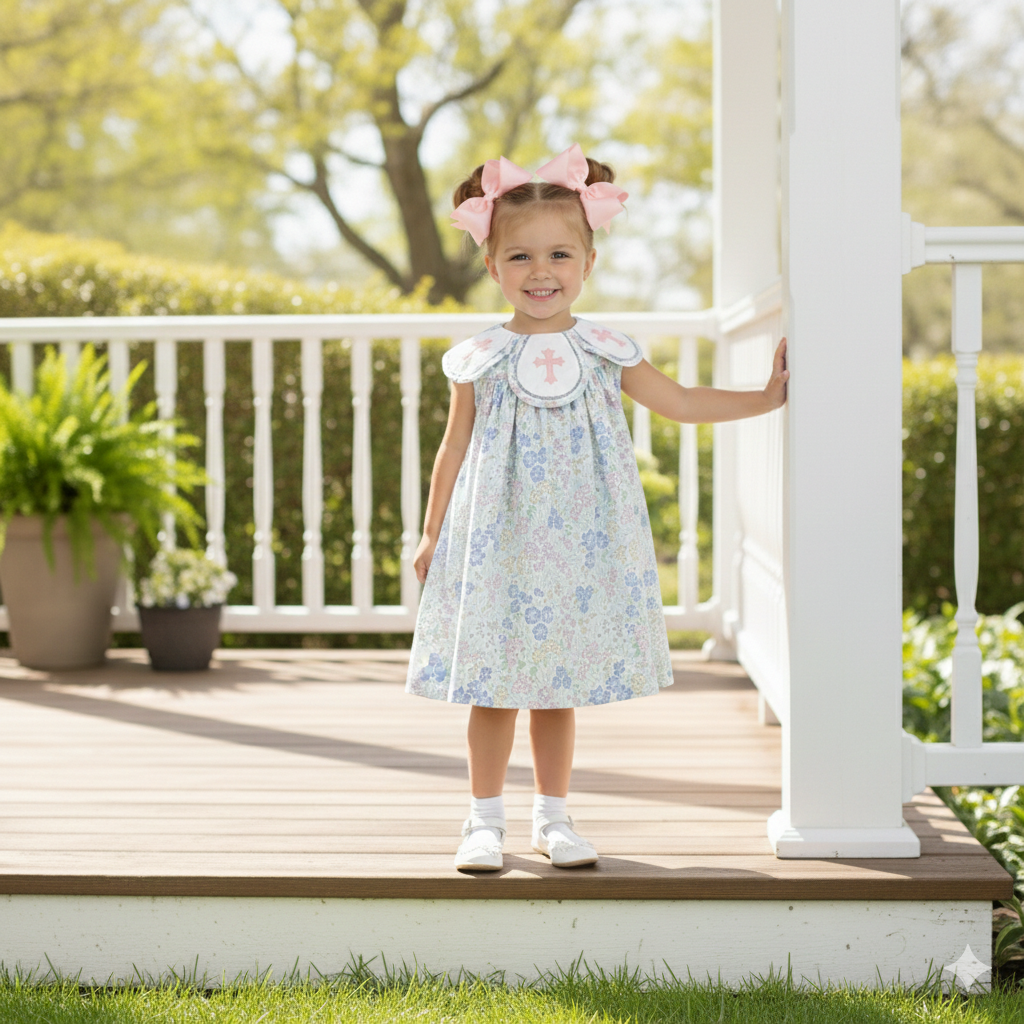 Girls Blue Floral Easter Dress with Embroidered Cross Collar 4T
