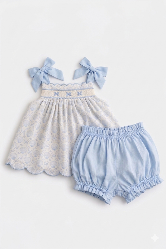 Hand Smocked Blue Seashell Bloomer Set – Beach Print Tie Shoulder Sunsuit