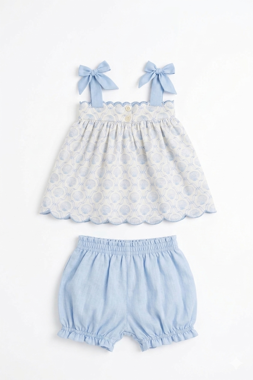 Hand Smocked Blue Seashell Bloomer Set – Beach Print Tie Shoulder Sunsuit