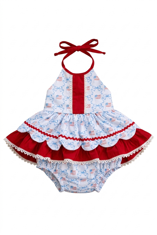 Patriotic Flag & Bow Sister Bubble – Red Ruffle Halter Bubble | Fourth of July Baby Outfit