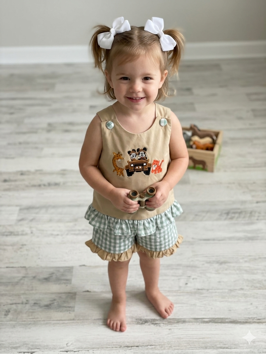 Safari Mouse Appliqué Girls Swing Back Short Set – Green Gingham Sister Outfit