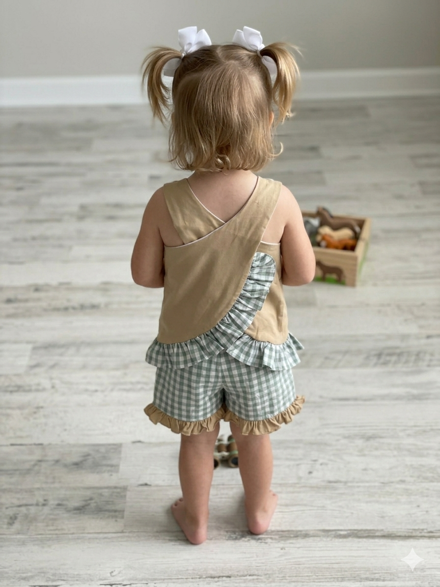 Safari Mouse Appliqué Girls Swing Back Short Set – Green Gingham Sister Outfit