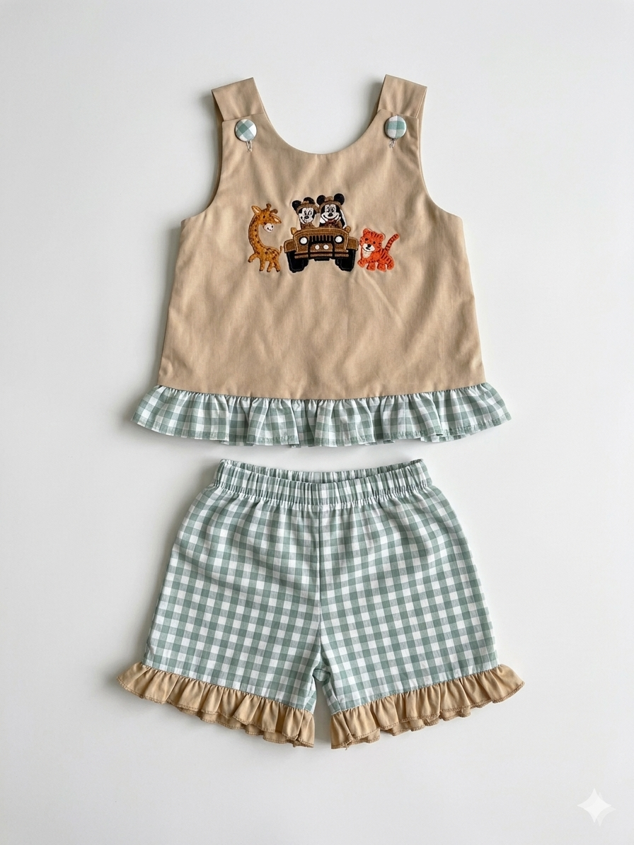 Safari Mouse Appliqué Girls Swing Back Short Set – Green Gingham Sister Outfit