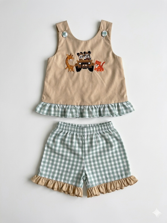 Safari Mouse Appliqué Girls Swing Back Short Set – Green Gingham Sister Outfit