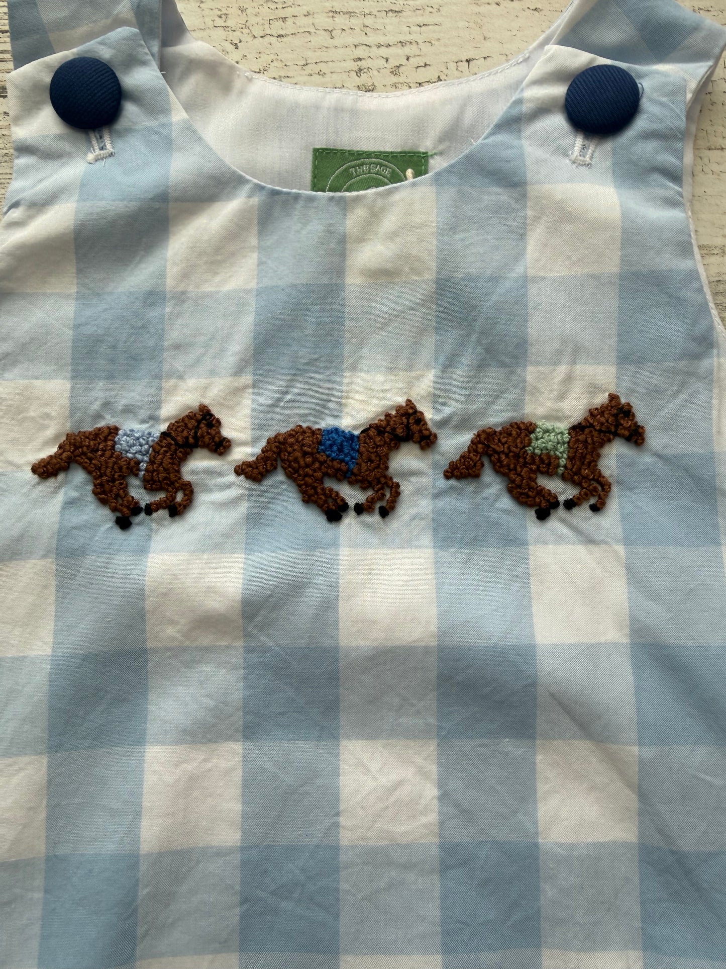 Boys French Knot Horse Derby Bubble – Blue Gingham Horse Racing Outfit