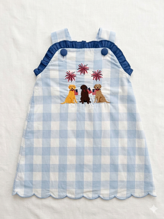 Fourth of July Embroidered Puppy Dress – Patriotic Smocked Girls Dress | Sister Match Bubble Available
