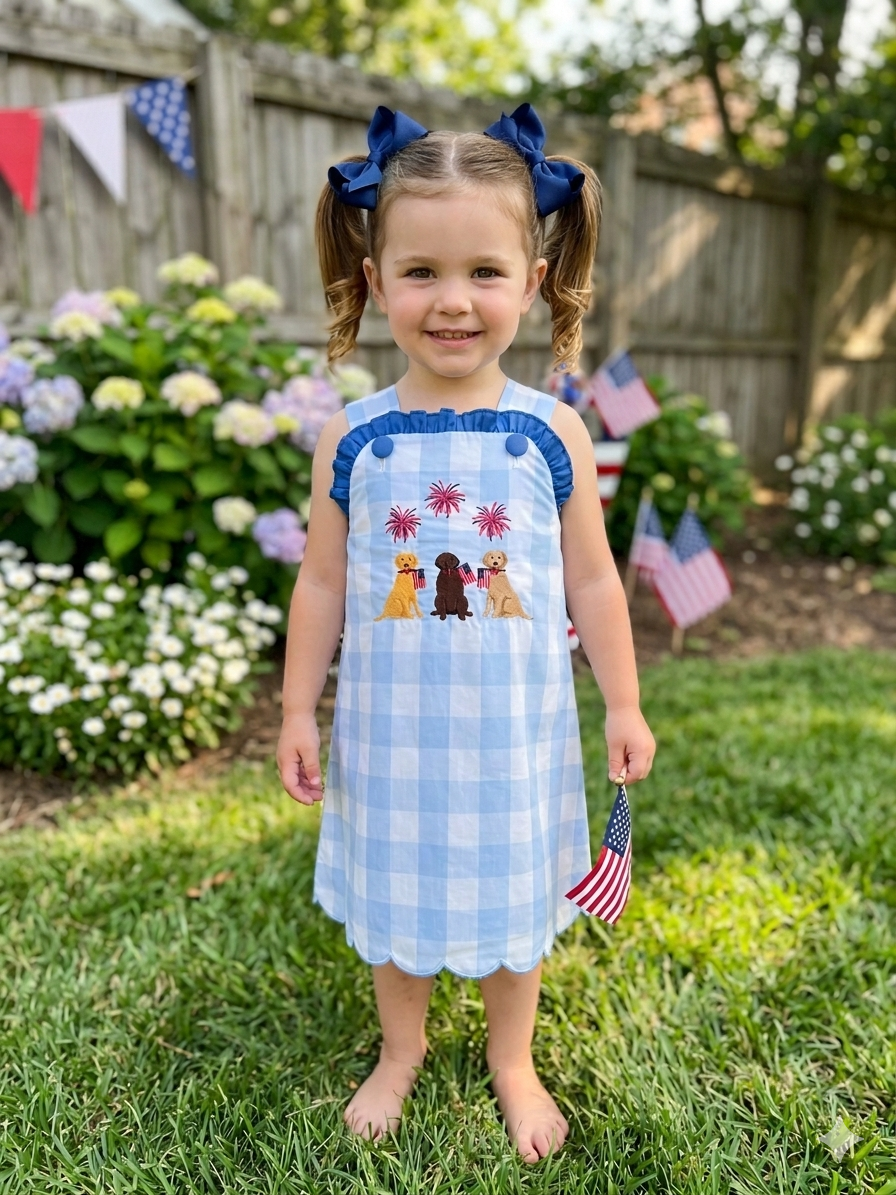 Fourth of July Embroidered Puppy Dress – Patriotic Smocked Girls Dress | Sister Match Bubble Available