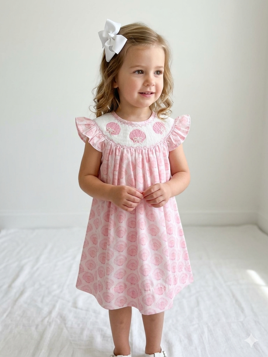 Hand Smocked Pink Shell Dress for Girls | Beach Easter Dress