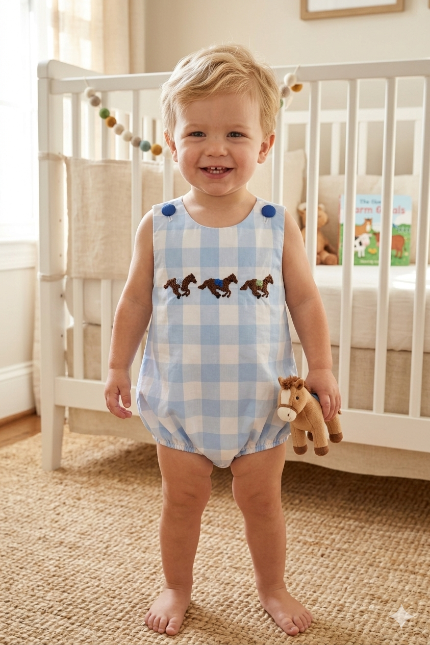 Boys French Knot Horse Derby Bubble – Blue Gingham Horse Racing Outfit