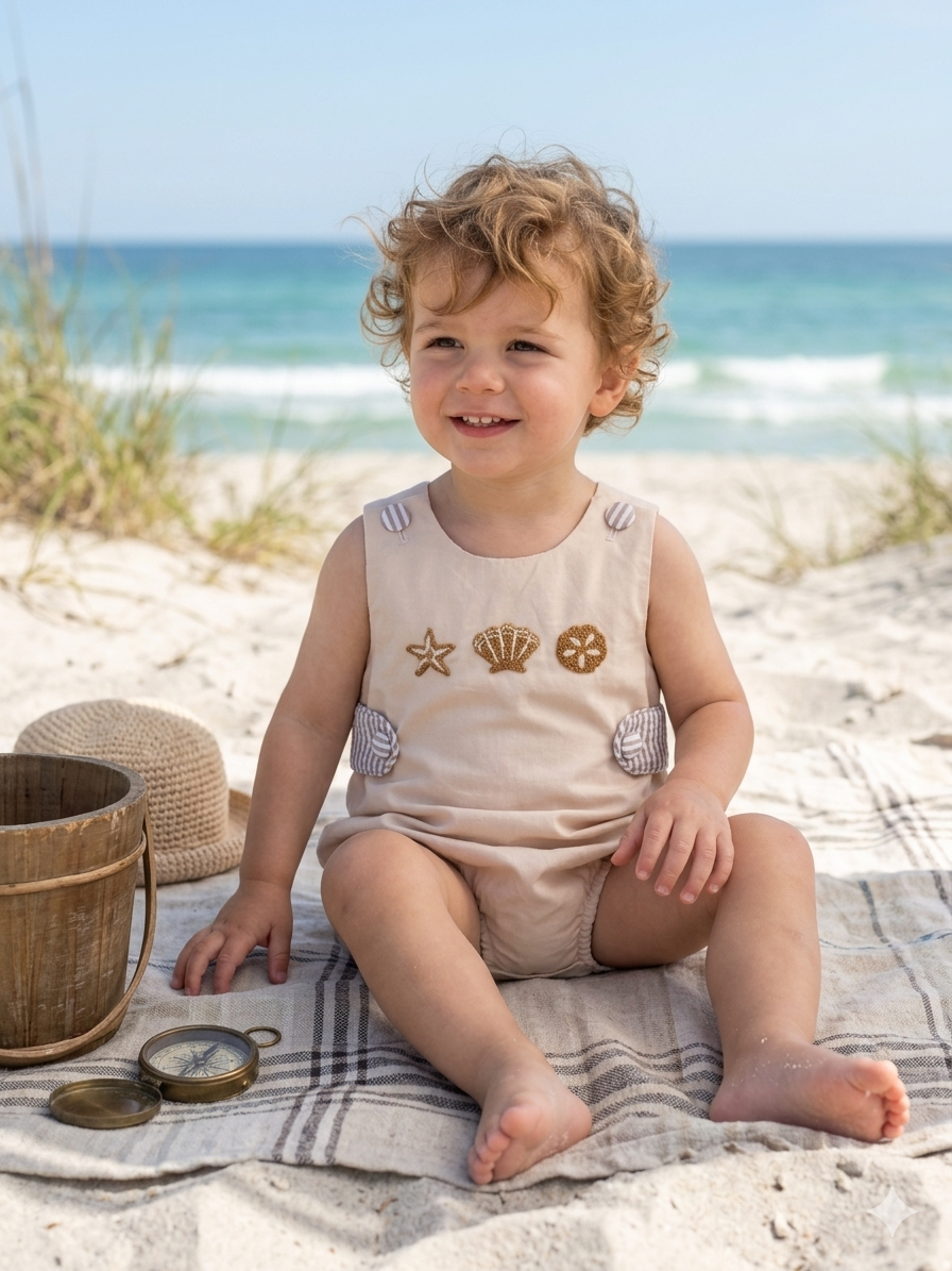 Tan French Knot Beach Bubble for Boys | Coastal Baby Boy Romper | Seersucker Tabs | Summer Outfit