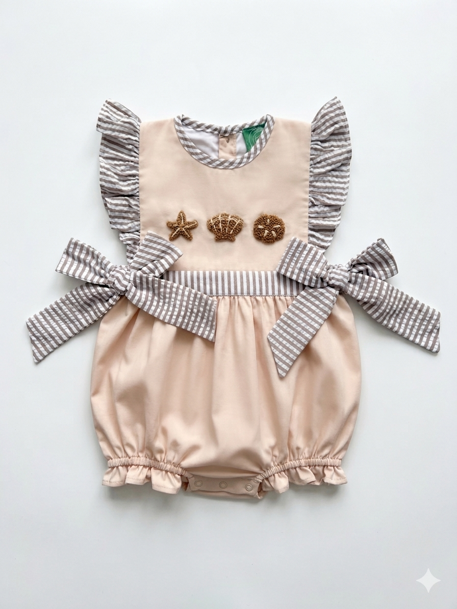 French Knot Seashell Girls Bubble – Tan Seersucker Beach Outfit