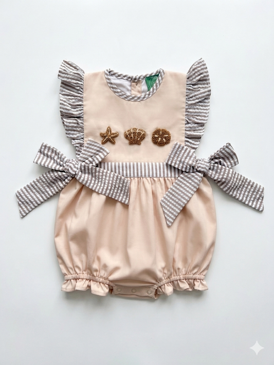 French Knot Seashell Girls Bubble – Tan Seersucker Beach Outfit