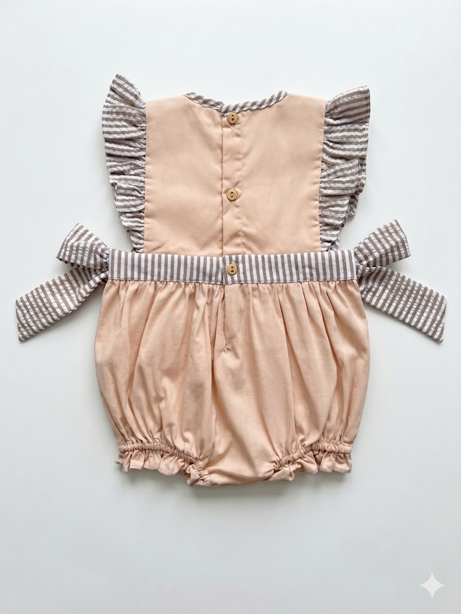 French Knot Seashell Girls Bubble – Tan Seersucker Beach Outfit