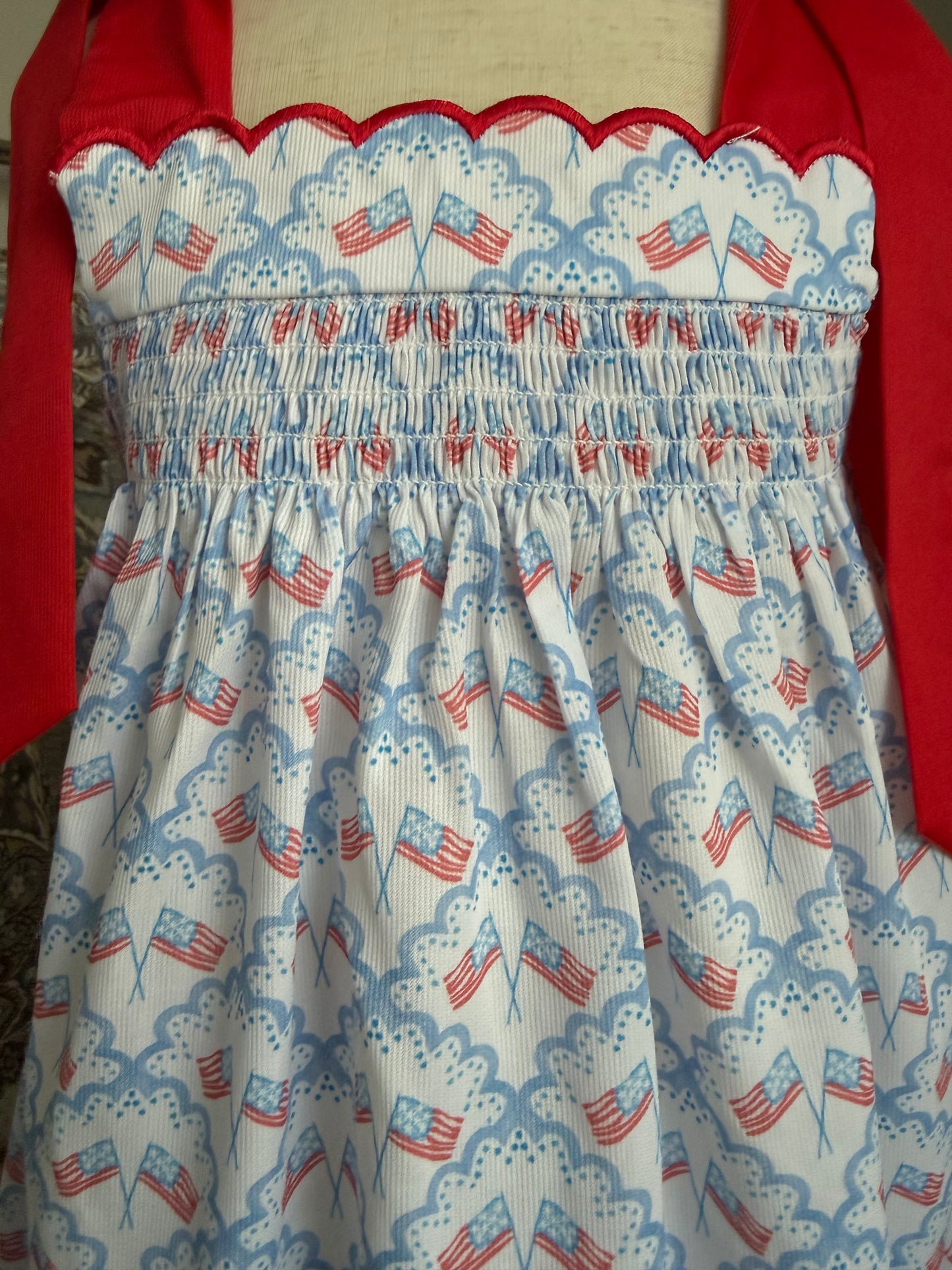 Girls Patriotic Flag Sundress – Red Bow Strap 4th of July Dress | Sister Match Available