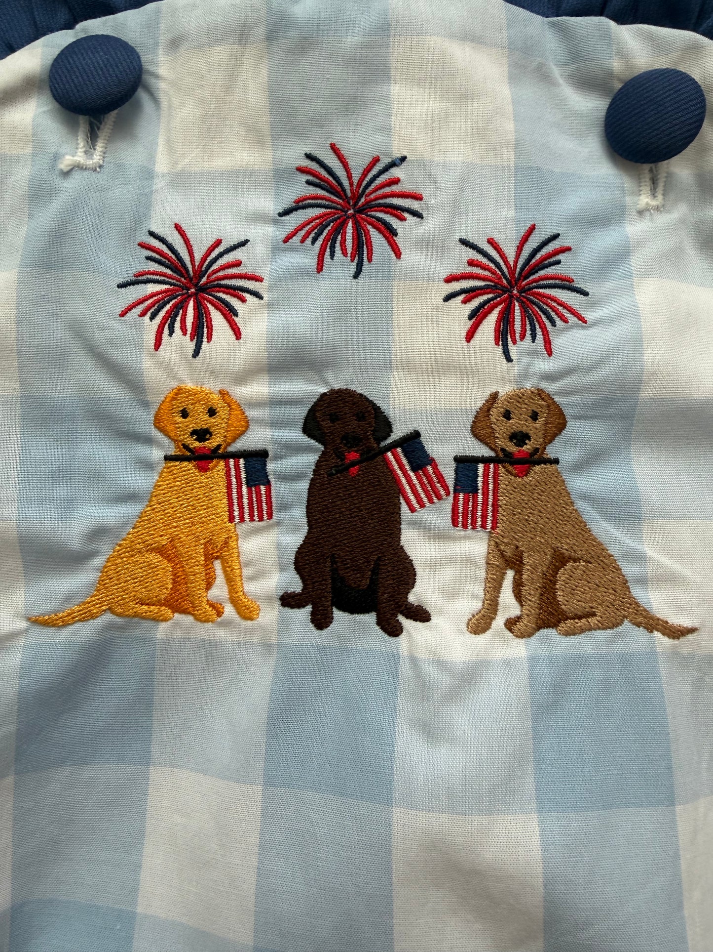 Patriotic Puppy Embroidered Bubble – Blue Gingham 4th of July Baby Outfit