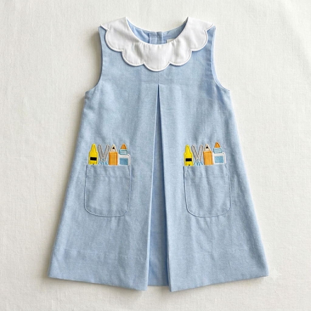 Back to School Girls Embroidered Chambray Dress with Scalloped Collar & School Supply Pockets