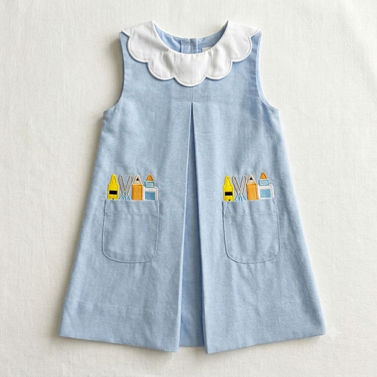 Back to School Girls Embroidered Chambray Dress with Scalloped Collar & School Supply Pockets