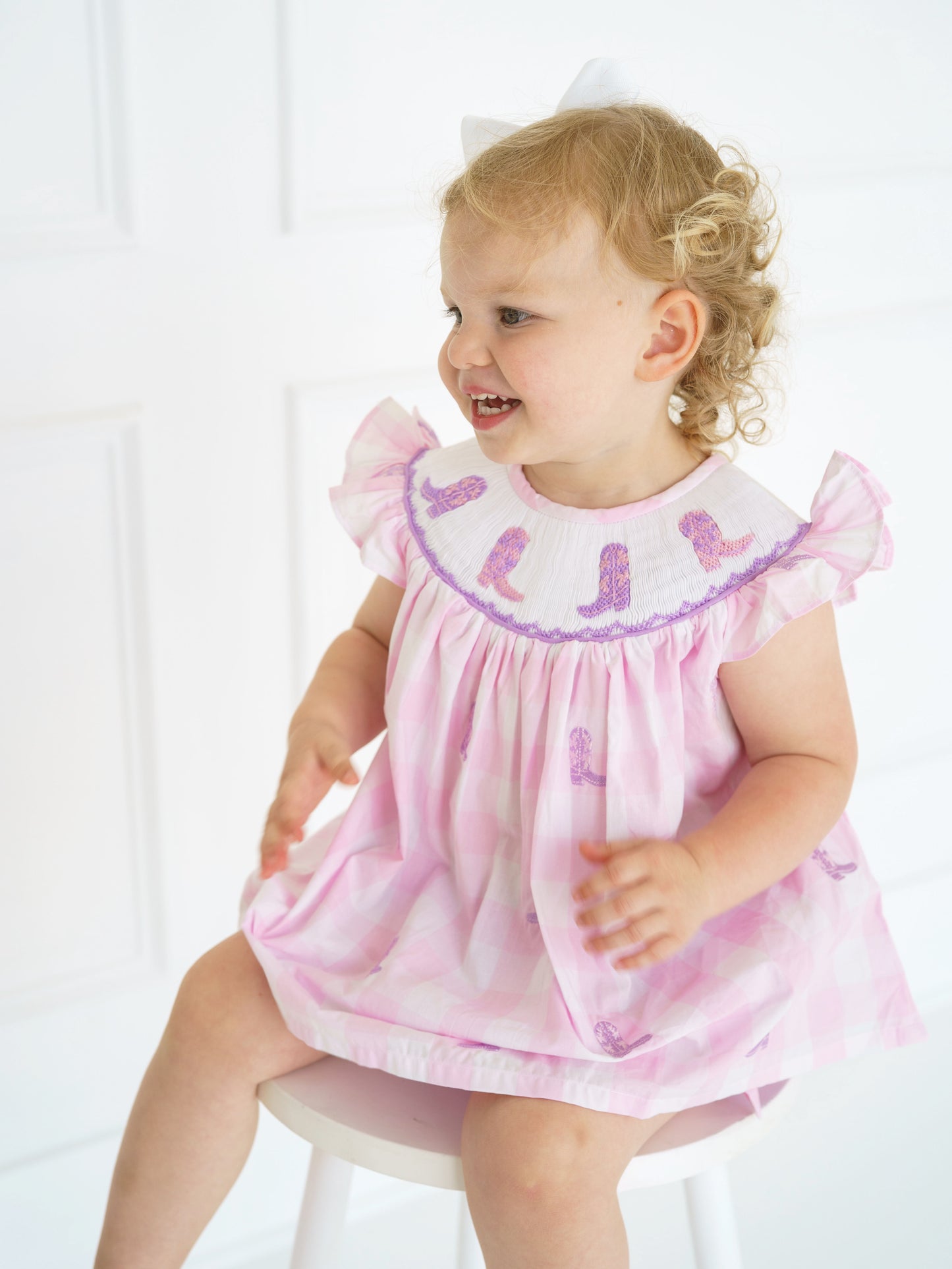 Hand Smocked Girls Gingham Bloomer Set With Boots & Bows | Western Toddler Outfit