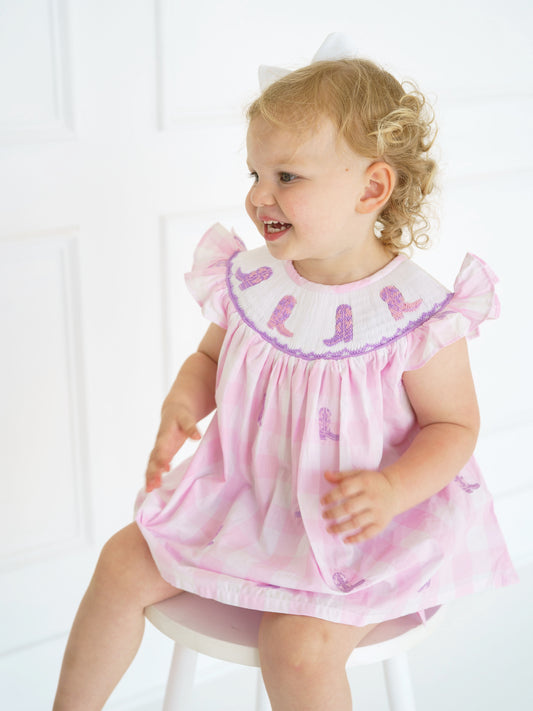 Hand Smocked Girls Gingham Bloomer Set With Boots & Bows | Western Toddler Outfit