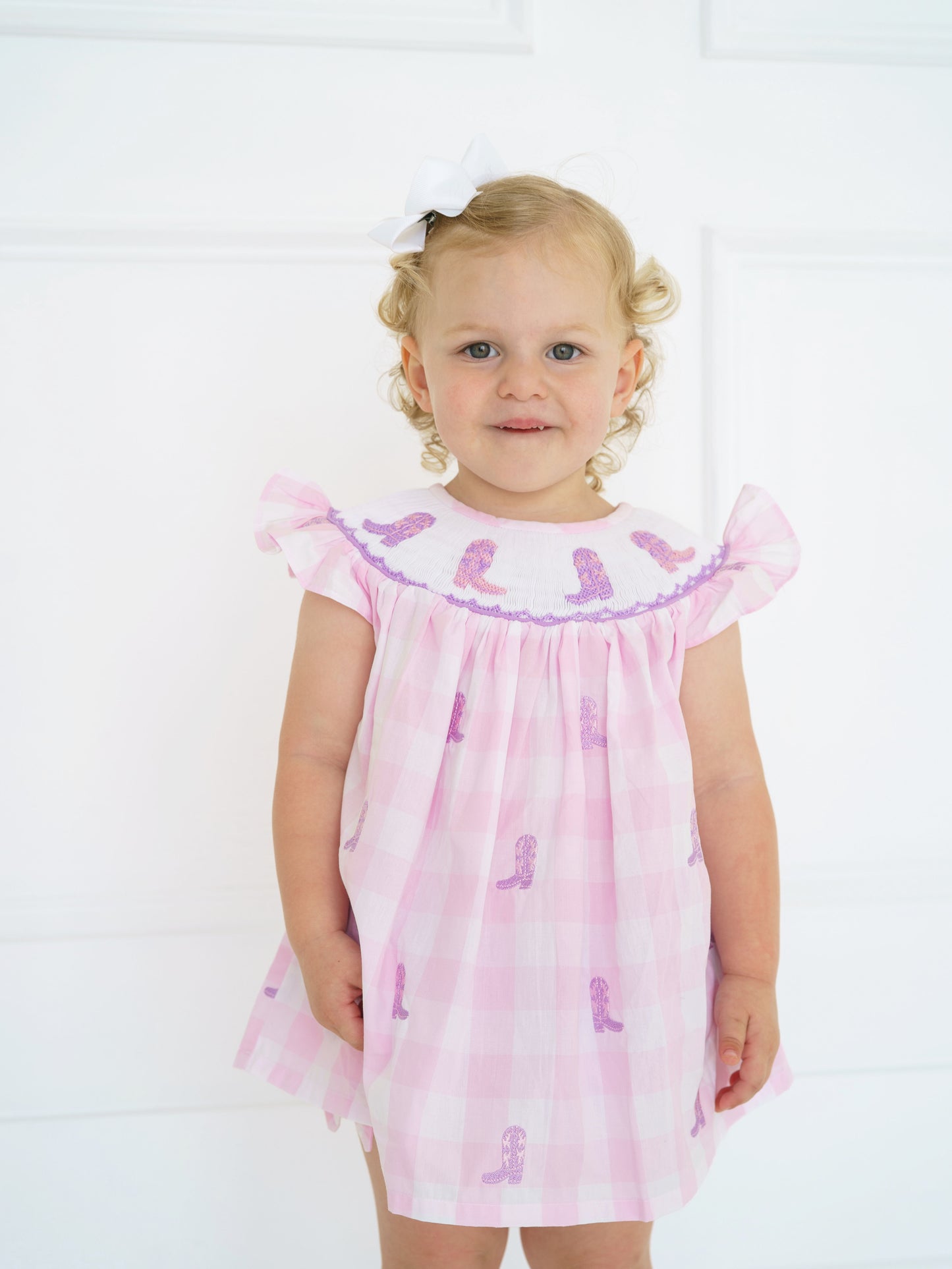 Hand Smocked Girls Gingham Bloomer Set With Boots & Bows | Western Toddler Outfit