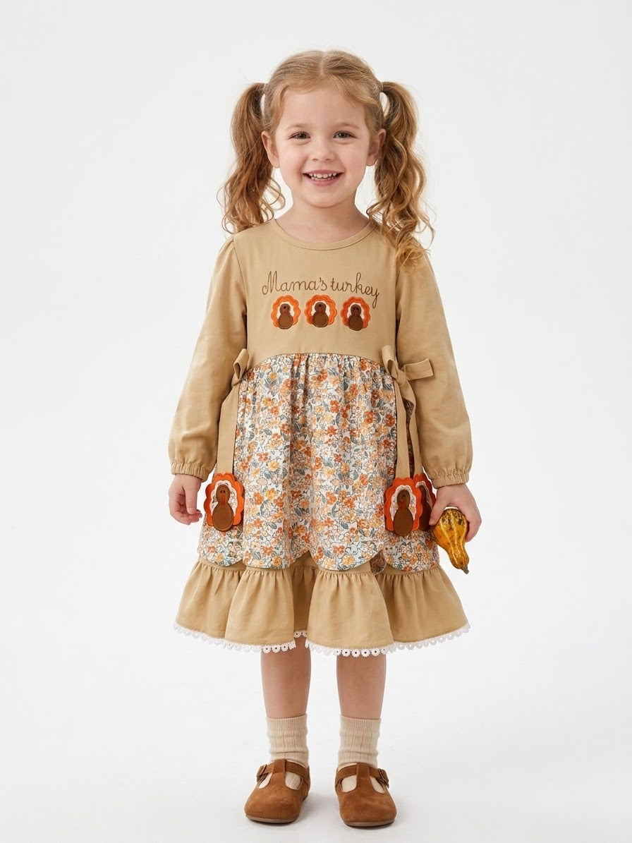 Girls Mama’s Little Turkey Thanksgiving Dress | Floral Fall Dress