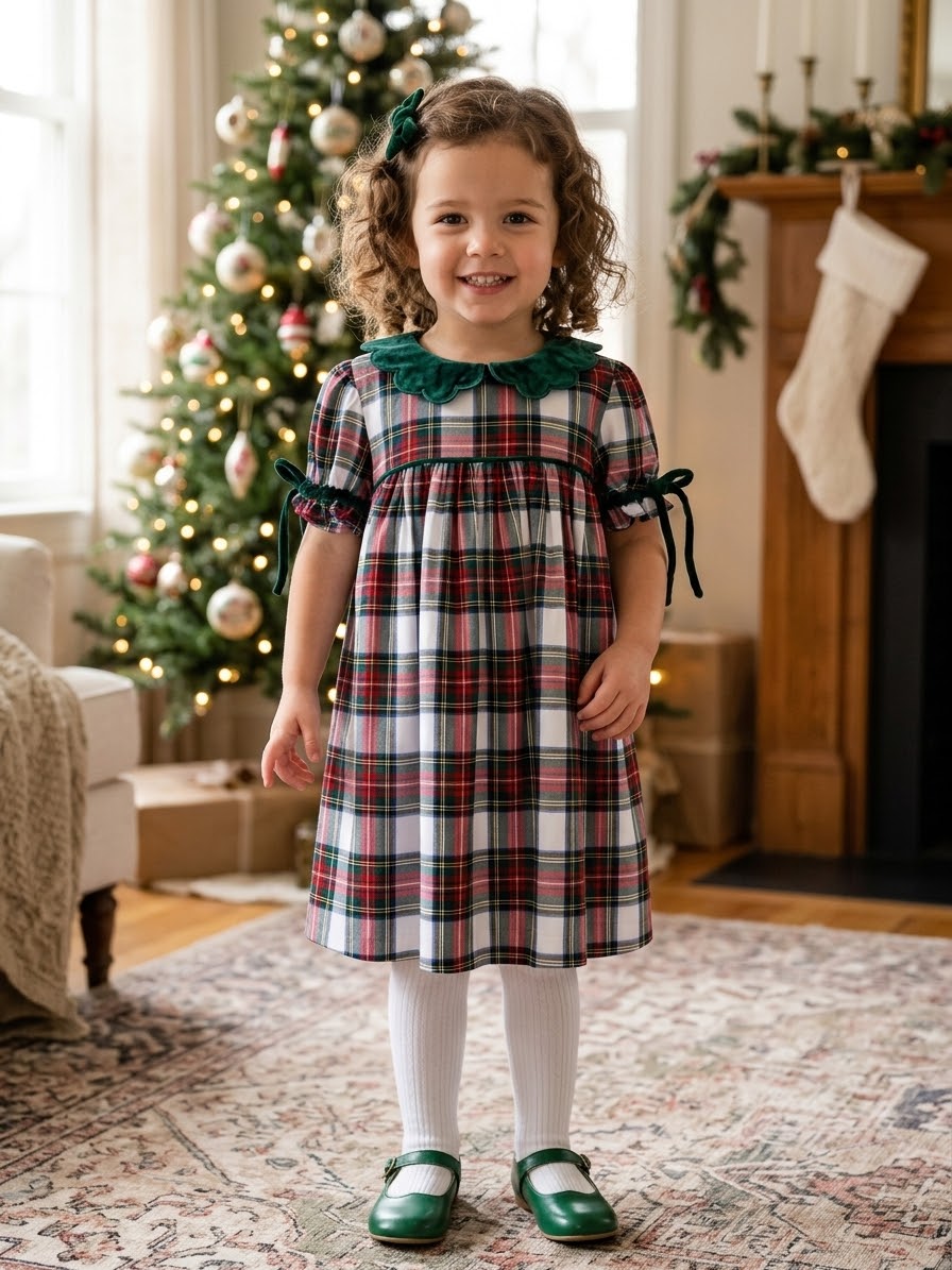 Girls Classic Christmas Plaid Velvet Collar Dress