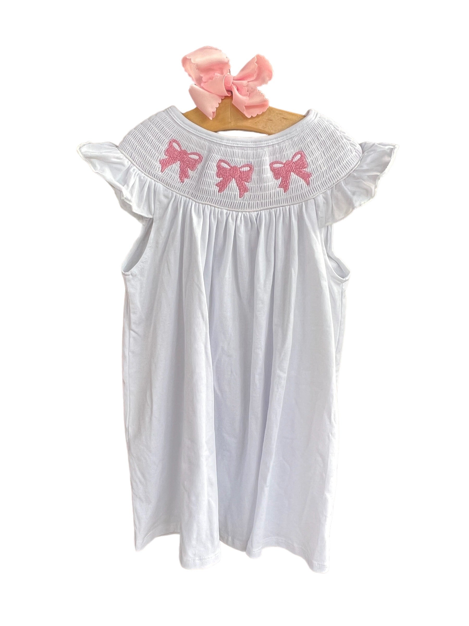 Pink Bow Smocked White Dress with Cap Sleeves