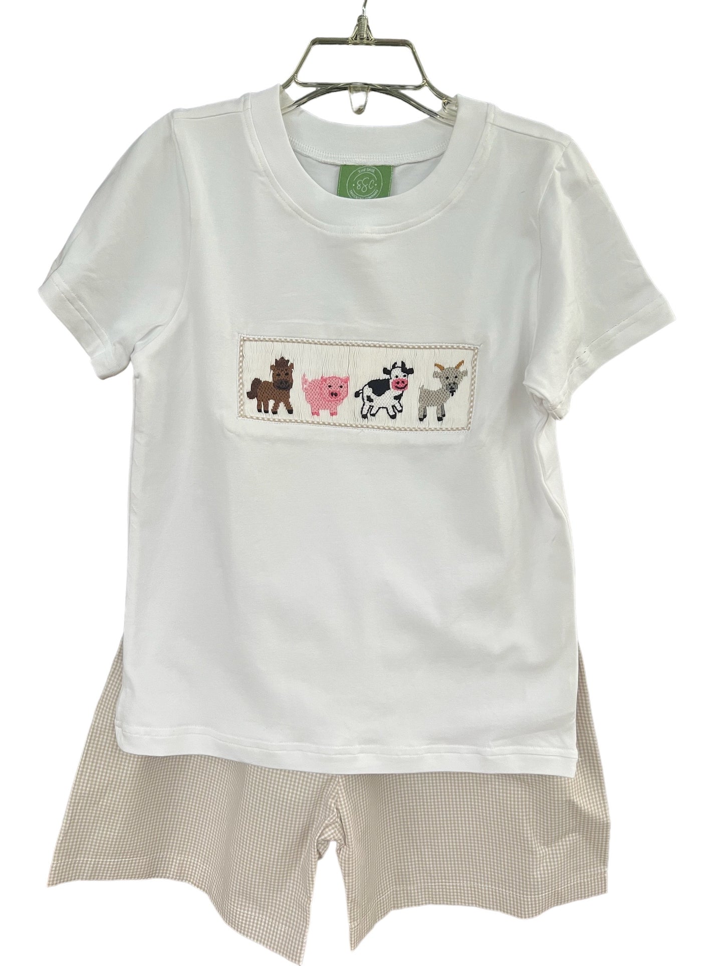 Smocked Farm Animals Horse Pig Cow Goat Boy's Short Sleeve white shirt with tan gingham shorts elastic waist 