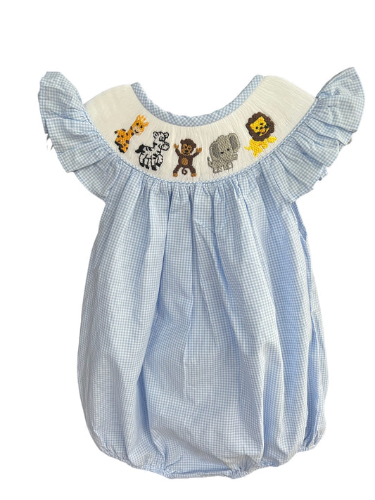 Zoo Animals Giraffe Zebra Monkey Elephant Lion Smocked Light Blue Gingham Bubble Cap Sleeves Snaps at legs