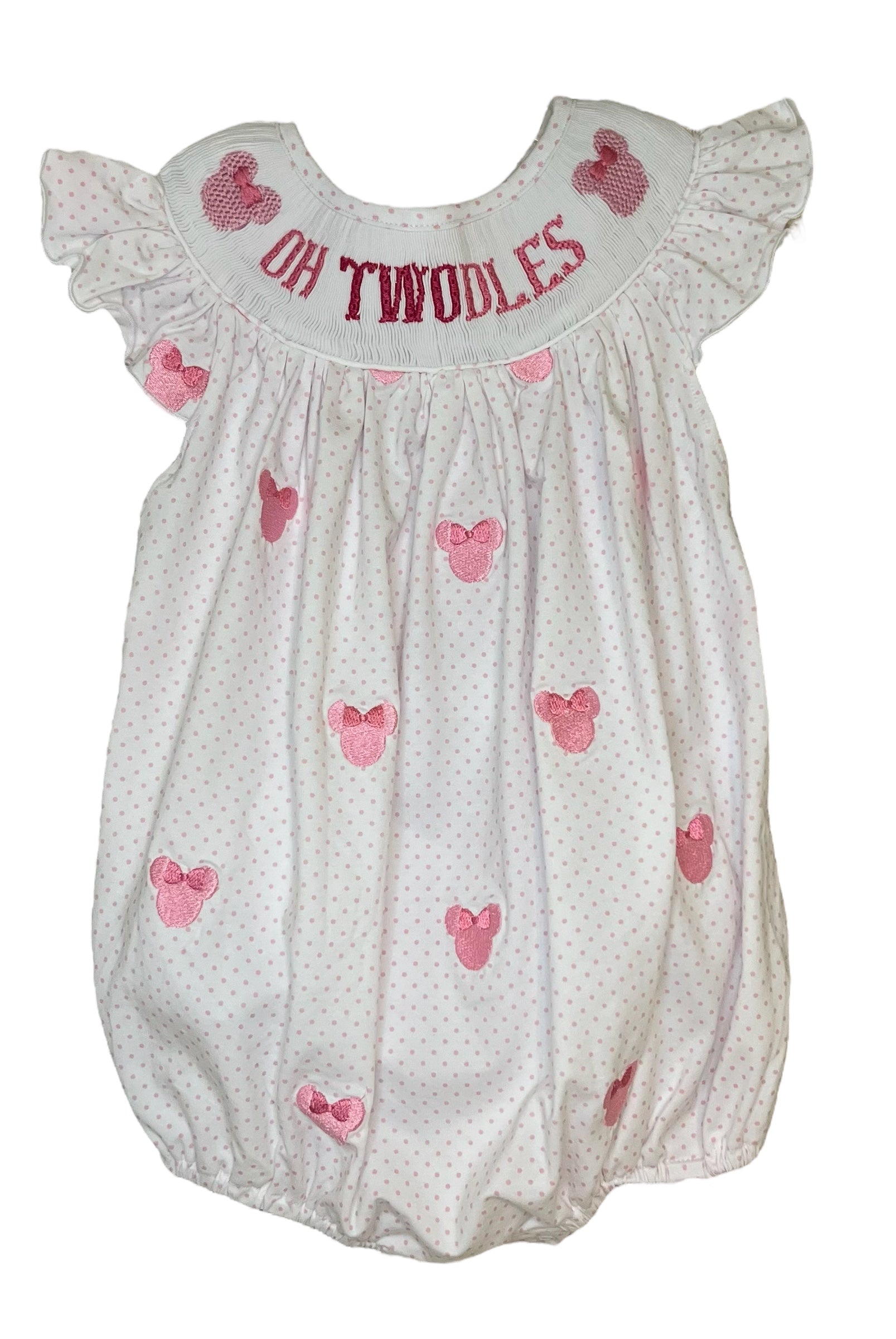 Oh Twodles Girls Hand Smocked Pink Polka Dot Birthday Bubble 18M / 95% Cotton/5% Spandex / Bubble