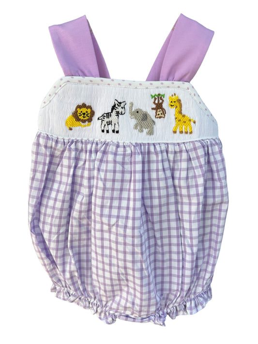 Zoo Smocked Purple Gingham Bubble