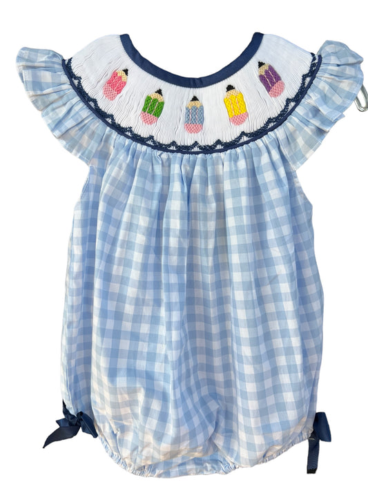 Back To School Smocked Pencil Blue Gingham Bubble